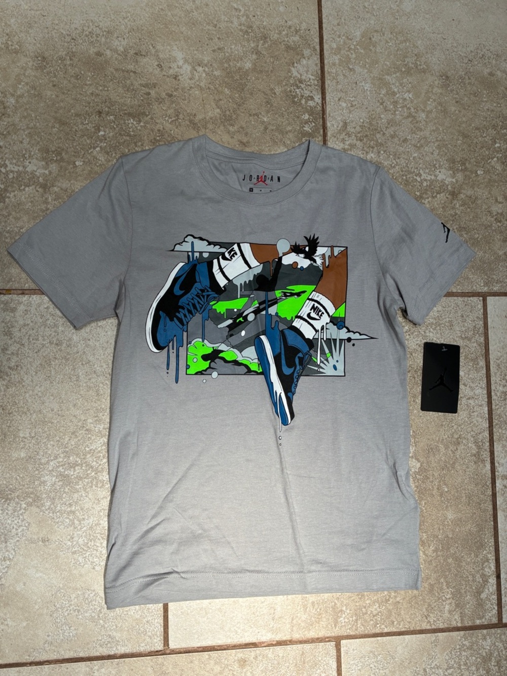 Jordan Kids Gray Tee with Blue and Neon Green Sneaker Graphic